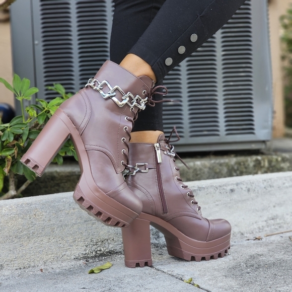 Women's Platform Heel Boots Chunky Ankle Lace Up Mocha Color - Picture 4 of 5